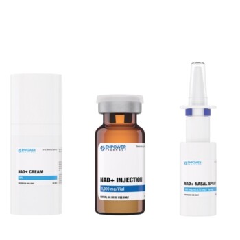Four of Empower Pharmacy's NAD products lined up in a horizontal row.
