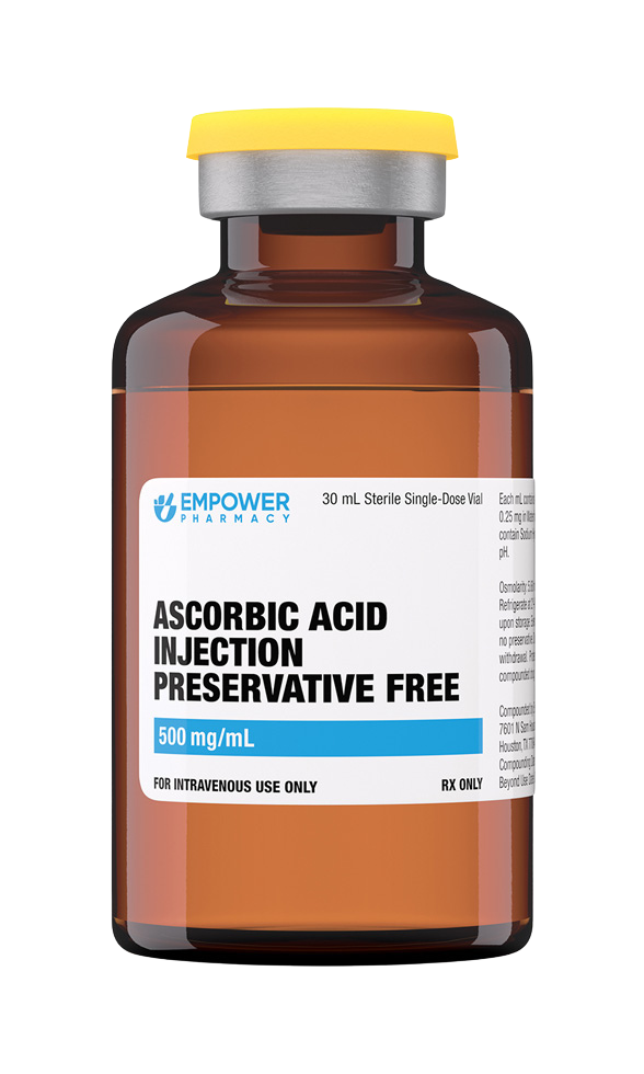 An amber vial of Empower Pharmacy's Ascorbic Acid Injection Preservative Free.